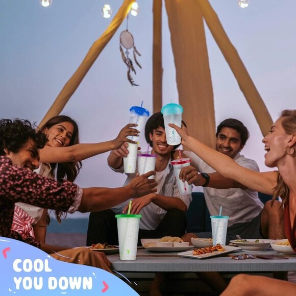 12pk 24oz Confetti Color Changing Cups w/ Lid & Straw for Party/Holiday Reusable - Picture 4 of 8